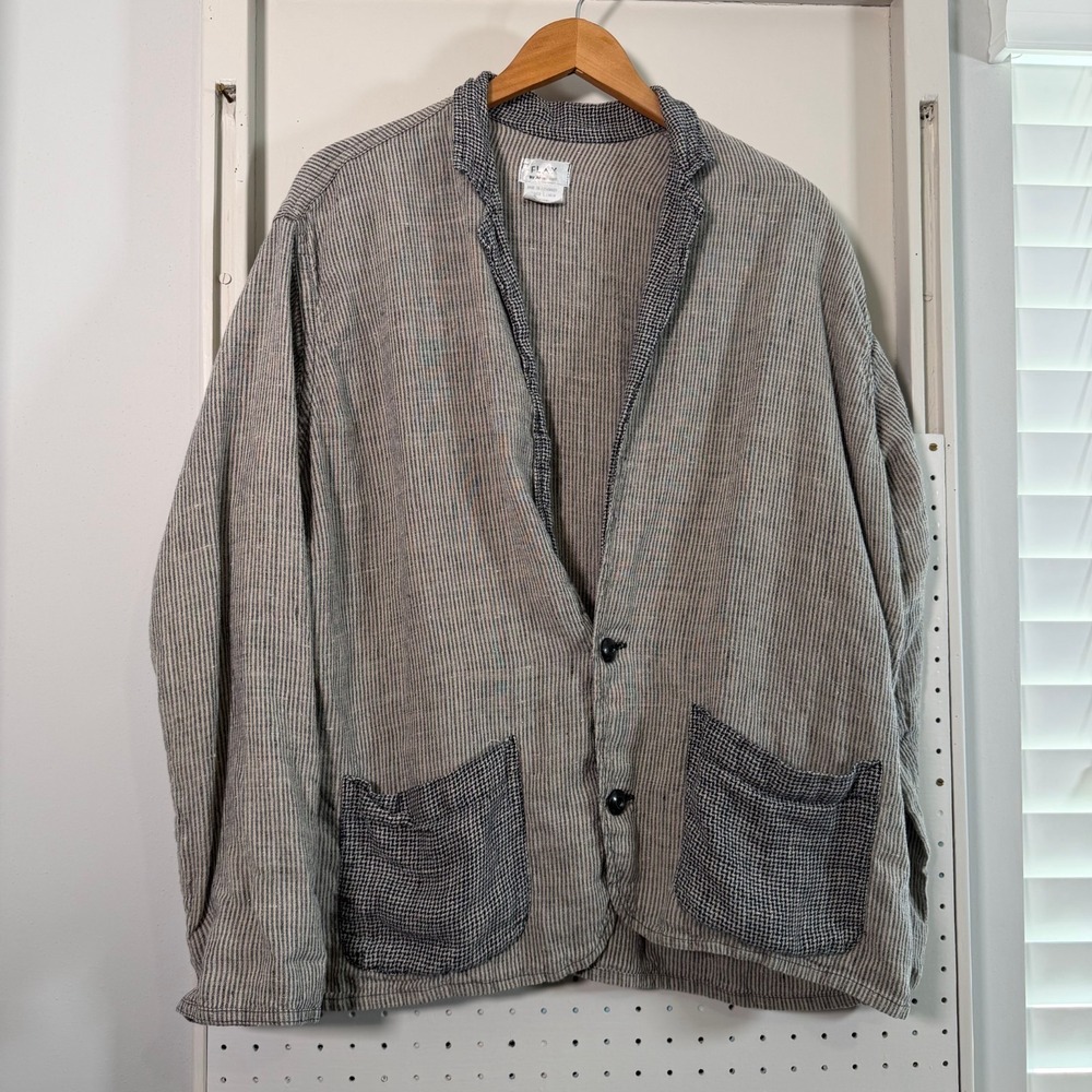 Flax by Angelheart Blazer Womens Black Beige Woven Striped Two Button Large VTG